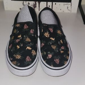 Vans Black and Pink Wine Grapes On Black Canvas Slip-On Sneakers